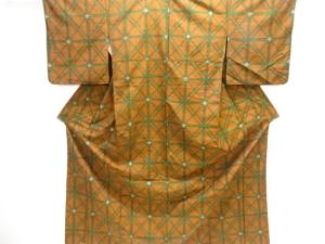 アンティーク　変わり格子模様織り出し手織り紬着物